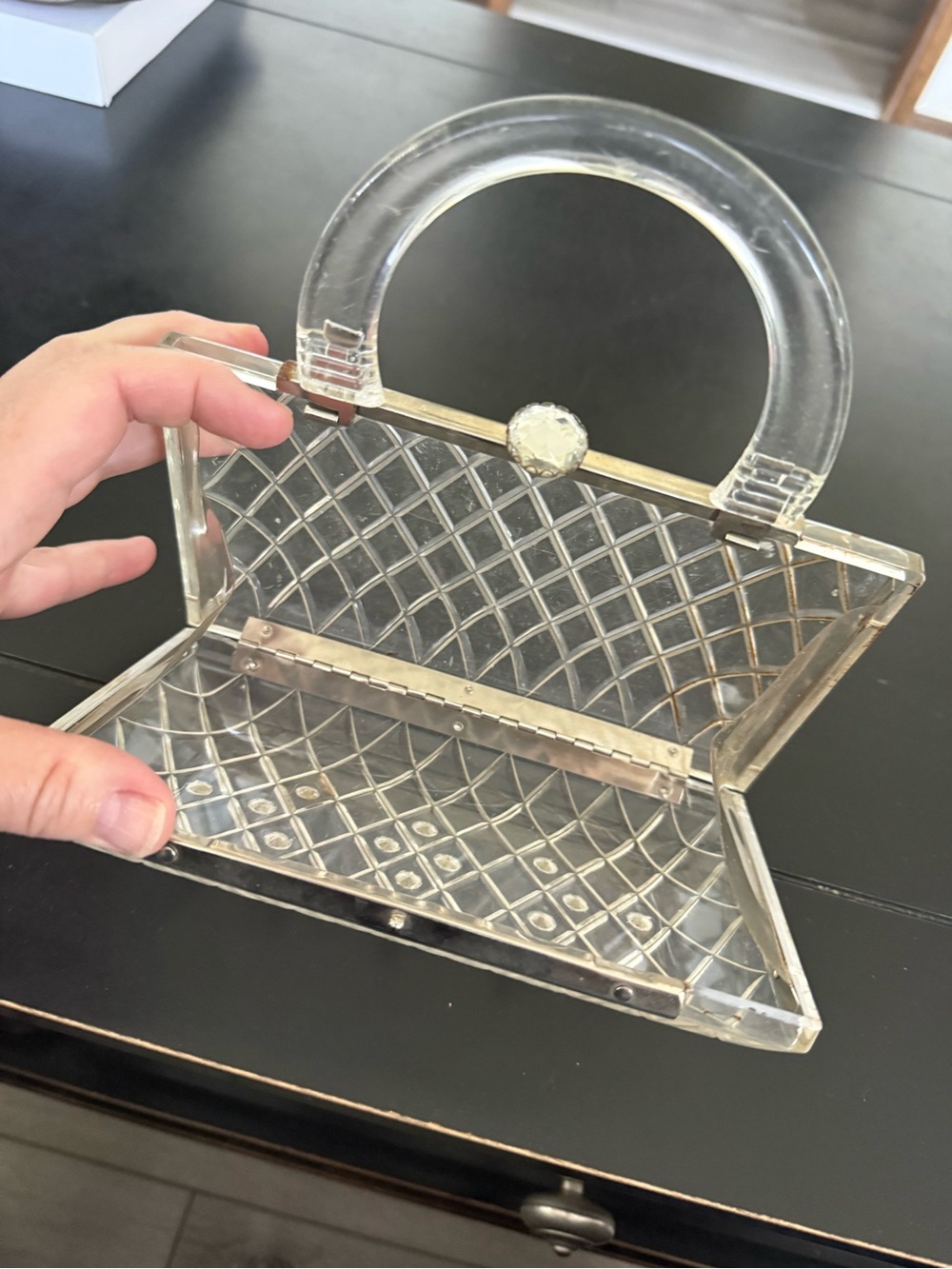 Vintage 1950’s Clear Lucite Purse Quilted with rhinestones - Picture 2 of 5
